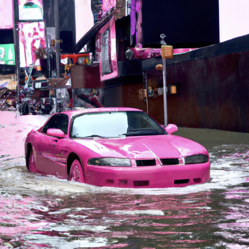 car in flood waters in urban area